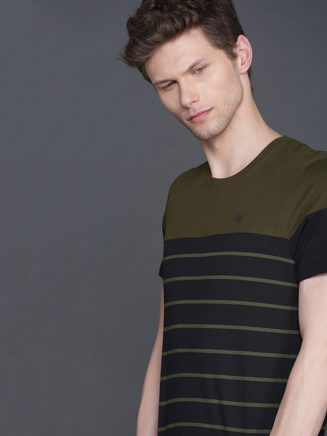 

WROGN Men Olive Green Black Striped Round Neck Pure Cotton T-shirt