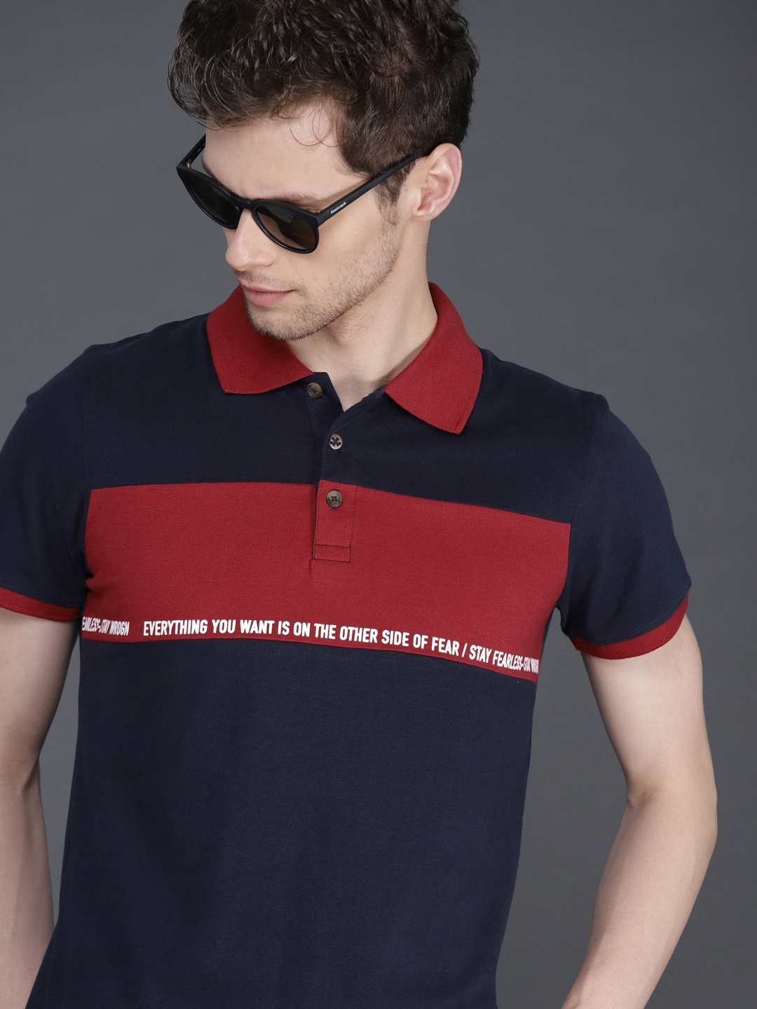 

WROGN Men Navy Blue Red Colourblocked Slim Fit Polo Collar Pure Cotton T-shirt