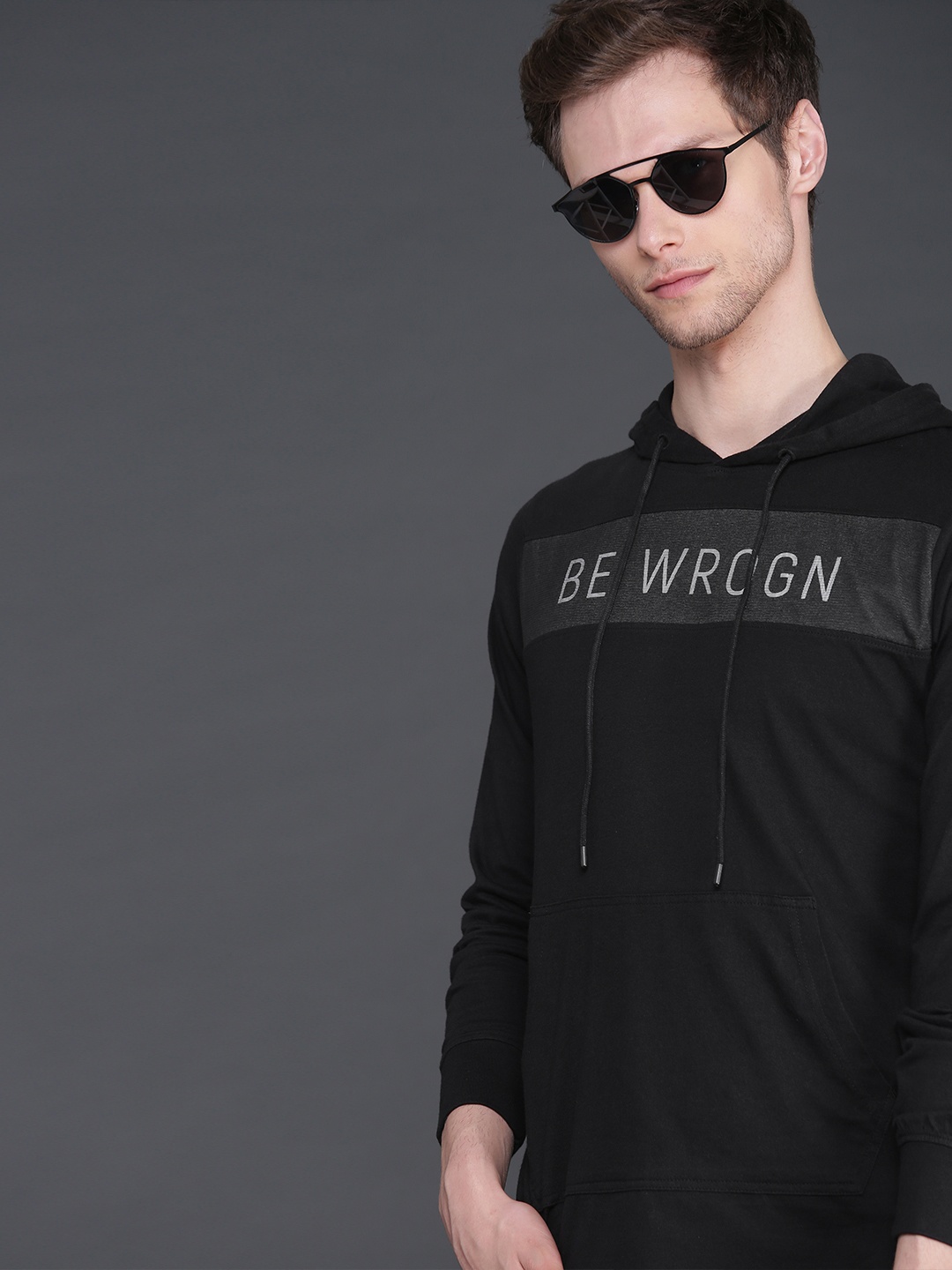 

WROGN Men Black Printed Hood Pure Cotton T-shirt