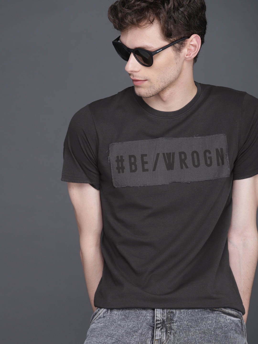 

WROGN Men Black Printed Round Neck Pure Cotton T-shirt