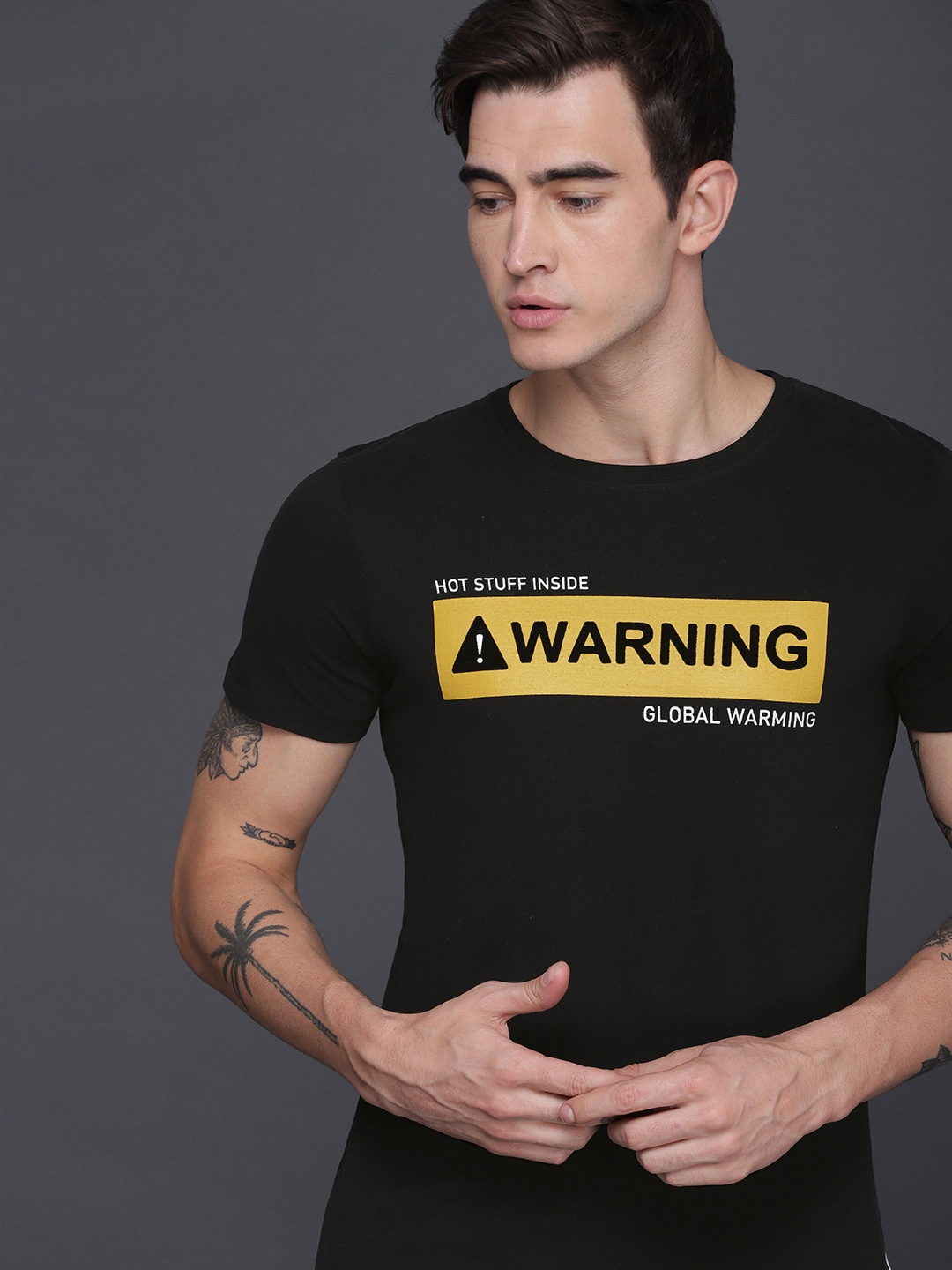 

WROGN Men Black Applique Detail Round Neck Pure Cotton T-shirt