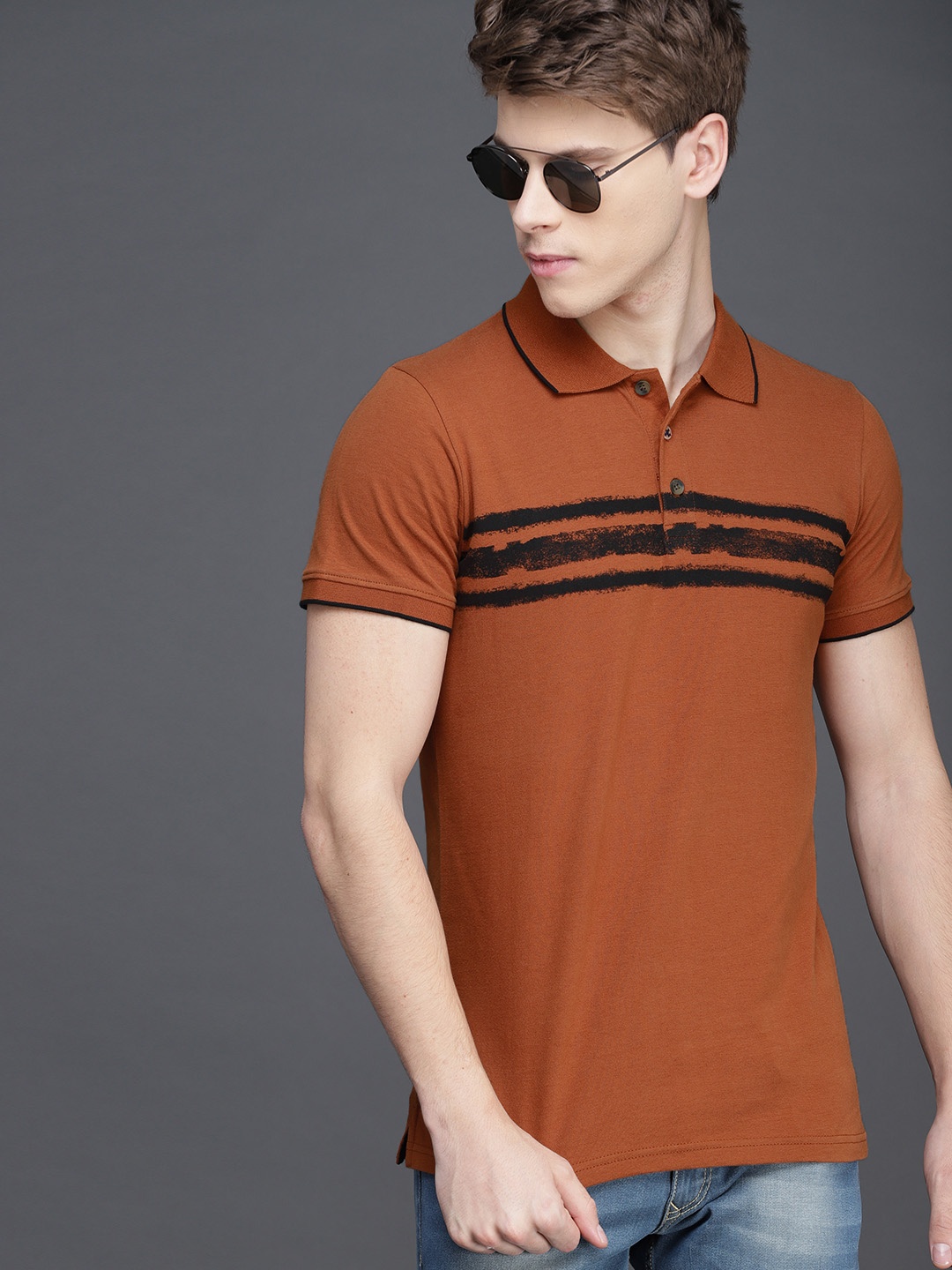

WROGN Men Rust Brown Striped Polo Collar Pure Cotton T-shirt