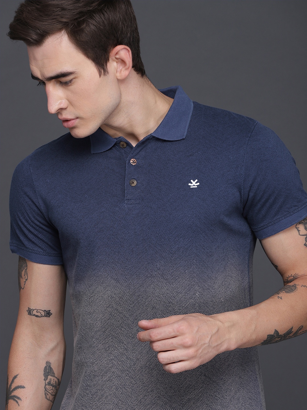 

WROGN Men Blue Printed Polo Collar Pure Cotton T-shirt