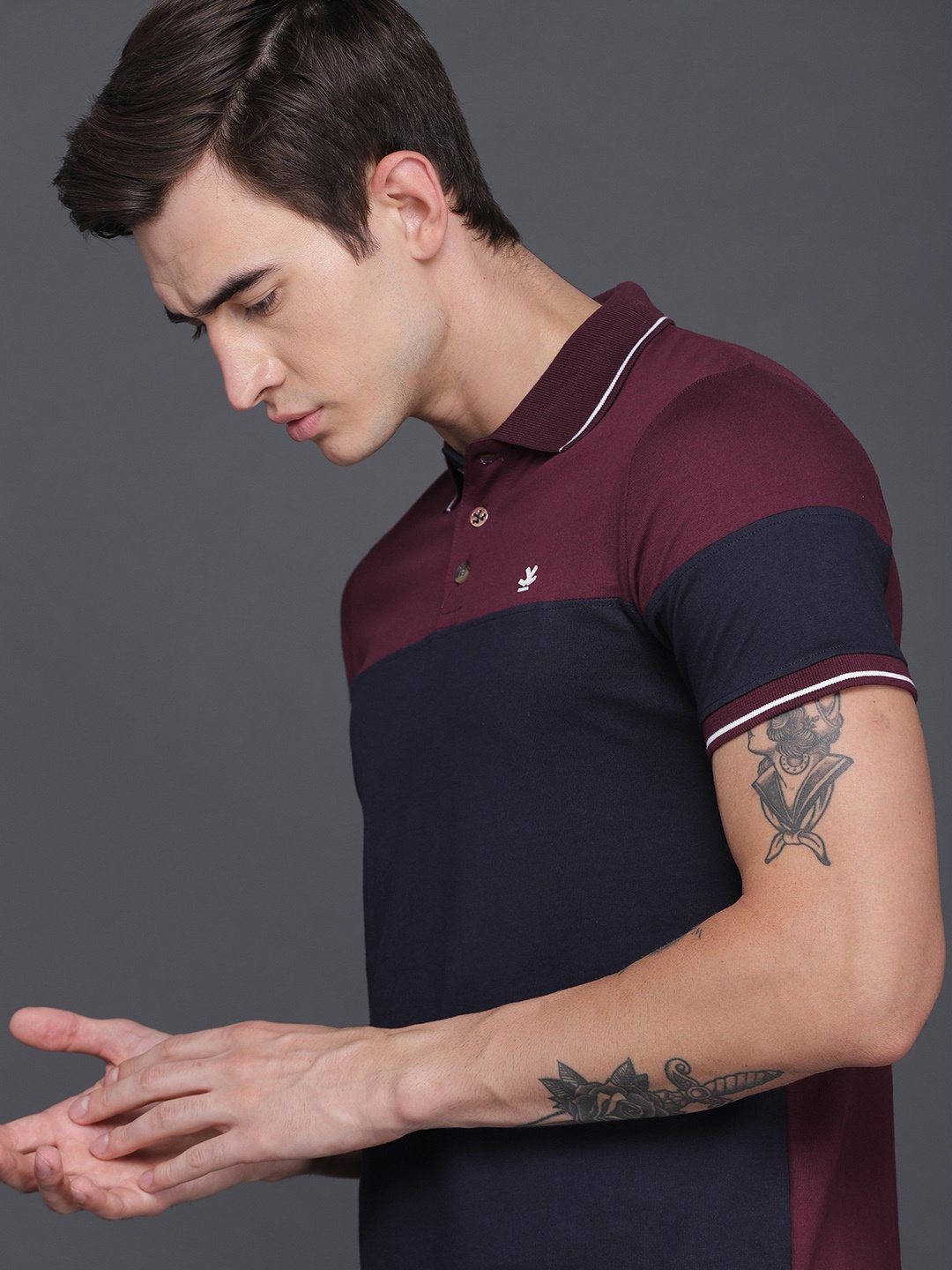 

WROGN Men Navy Blue Colourblocked Polo Collar Pure Cotton T-shirt