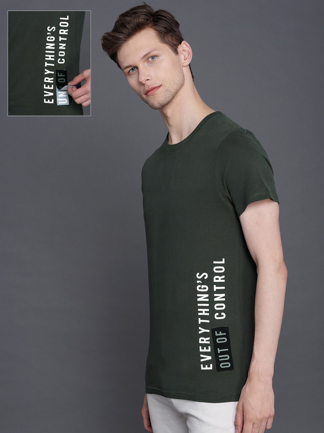 

WROGN Men Olive Green Printed Round Neck Pure Cotton T-shirt