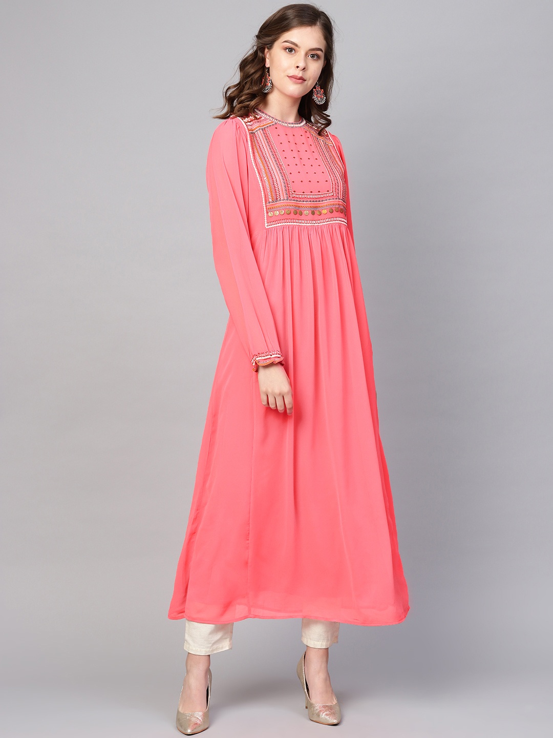 

WISHFUL by W Women Coral Pink Yoke Design A-Line Kurta