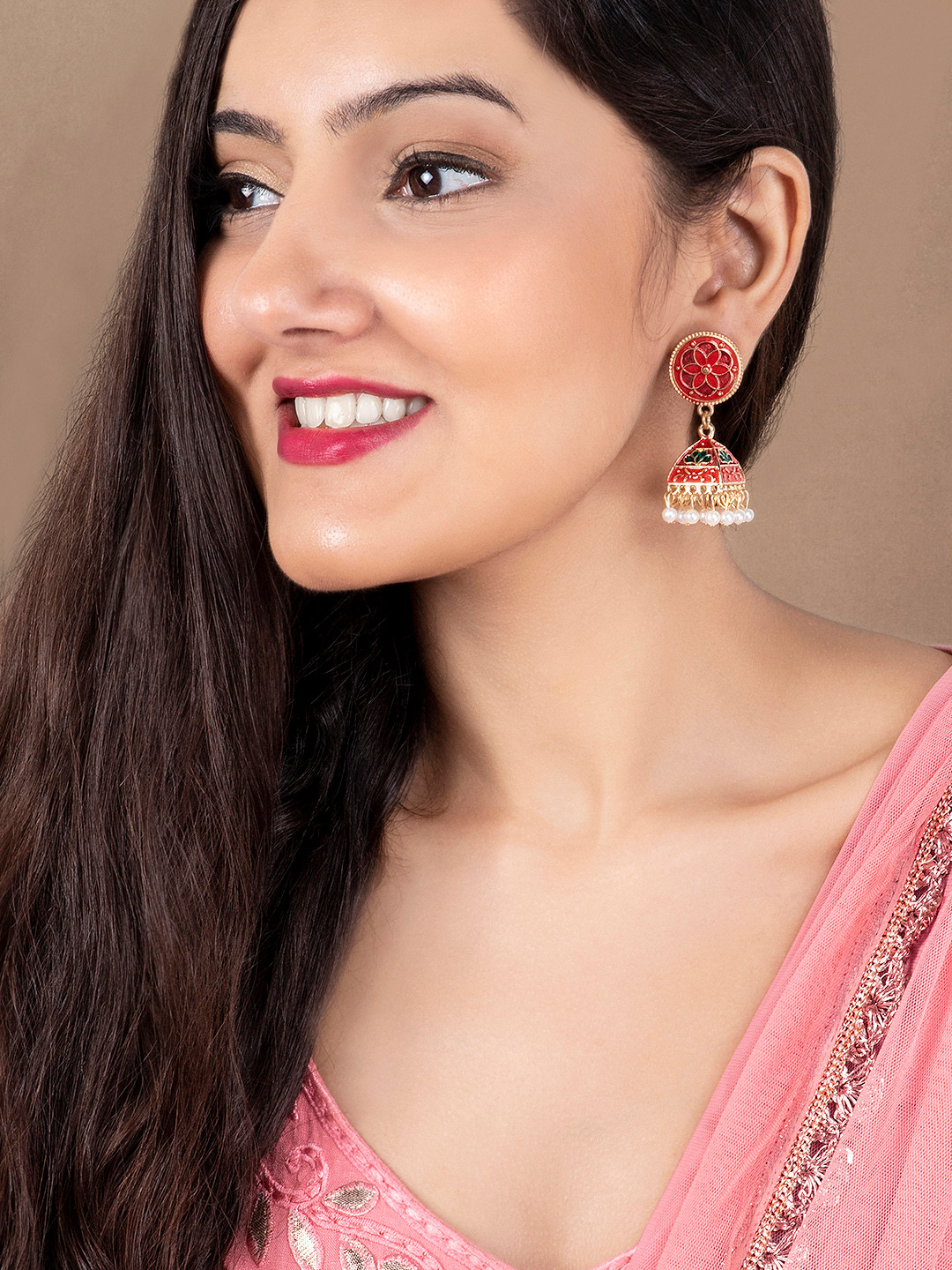 

Rubans Gold-Toned & Red Leaf Shaped Jhumkas