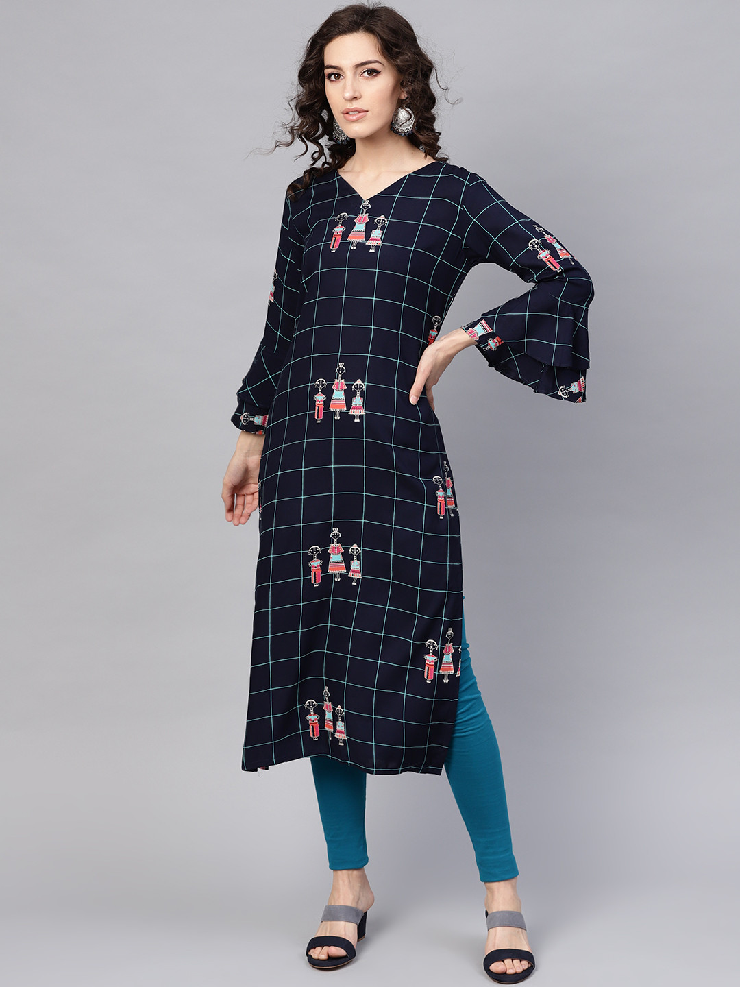 

AHIKA Women Navy Blue Checked Straight Kurta