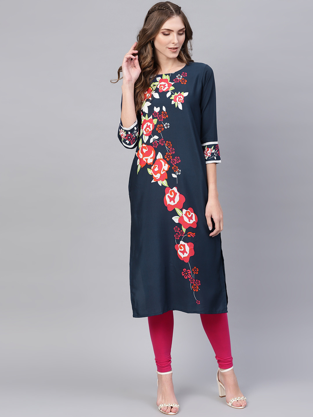 

AHIKA Women Navy Blue & Pink Printed Straight Kurta