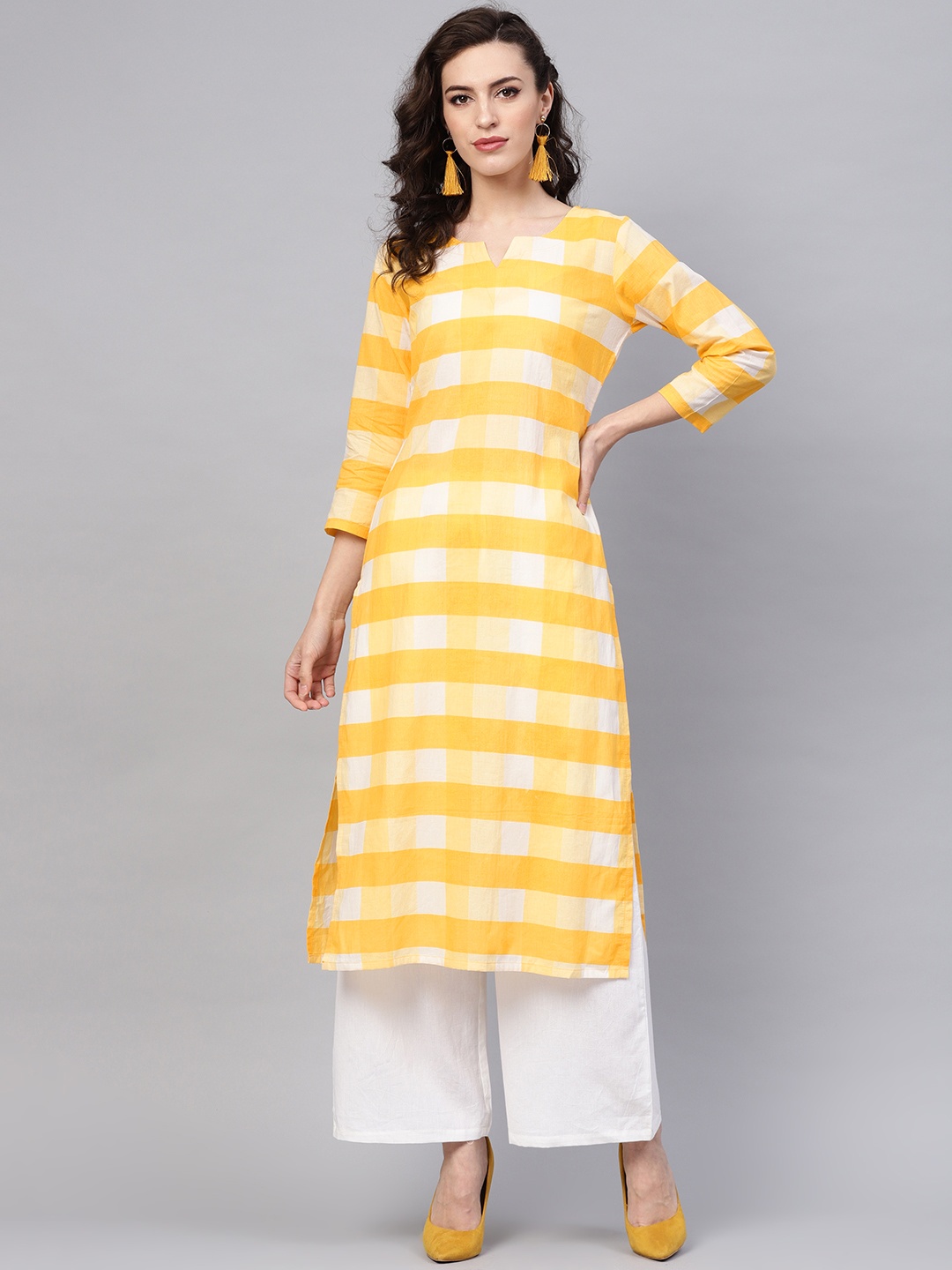 

AHIKA Women Yellow & White Checked Straight Kurta