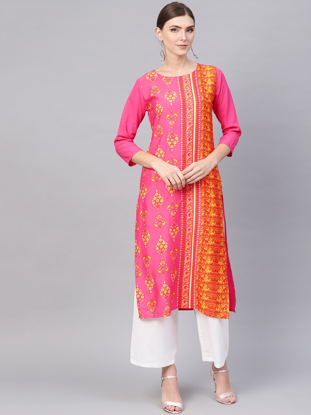 

AHIKA Women Pink & Yellow Printed Straight Kurta