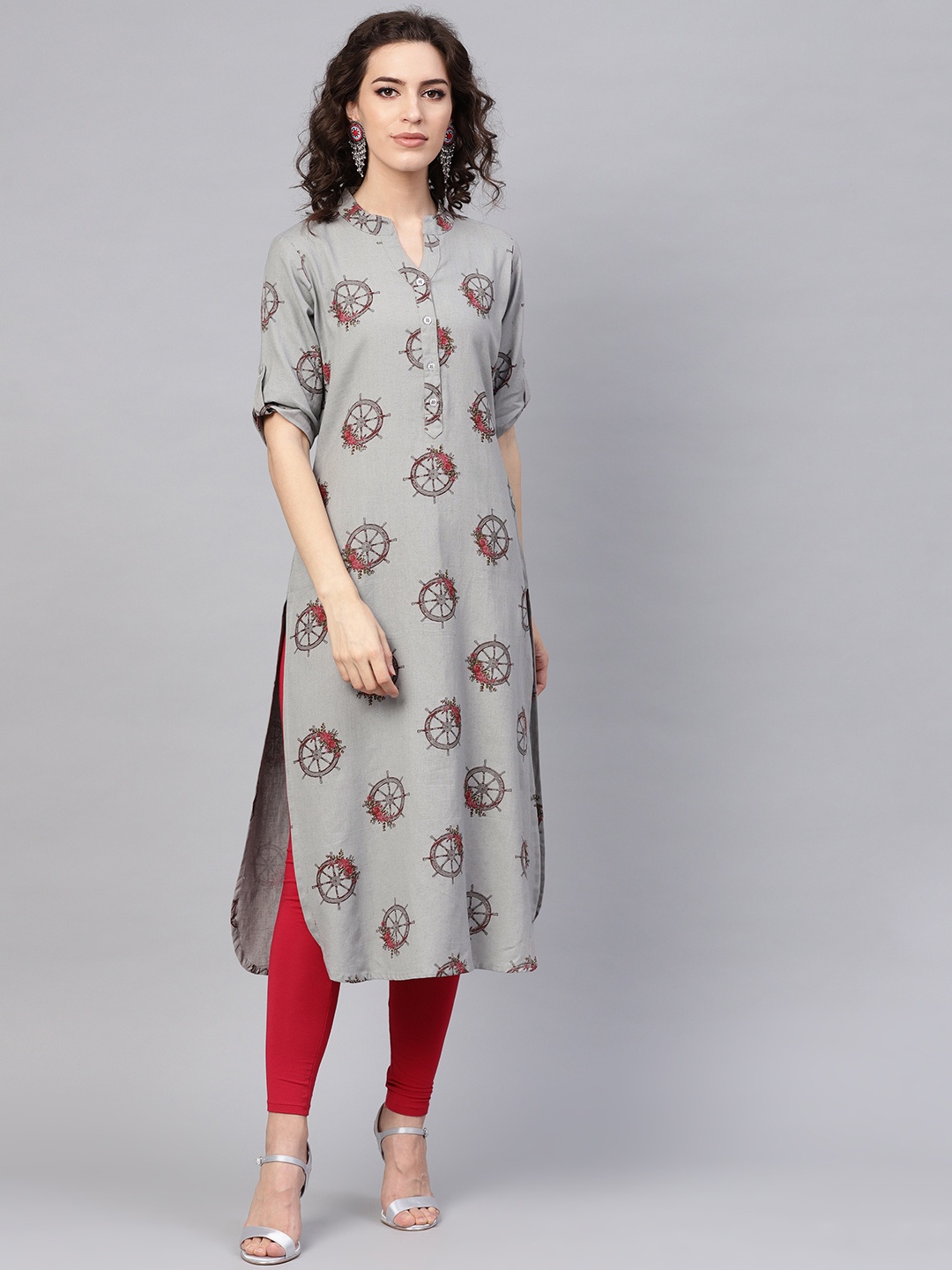 

AHIKA Women Grey & Pink Printed Straight Kurta