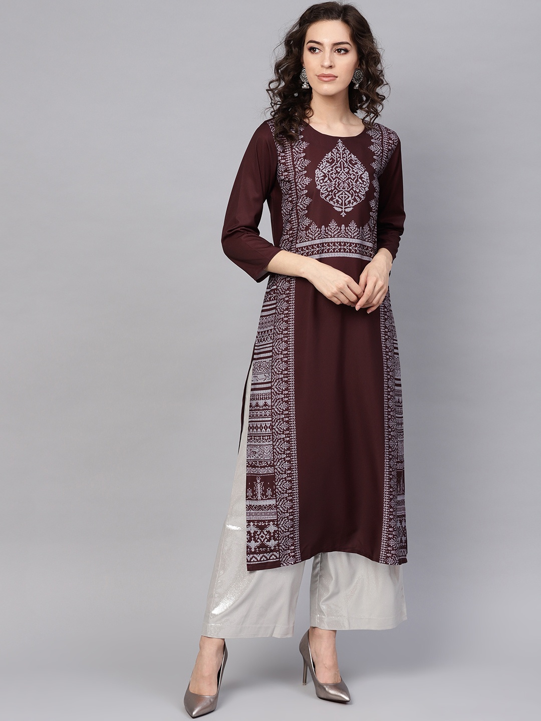 

AHIKA Women Burgundy & Off-White Printed Straight Kurta