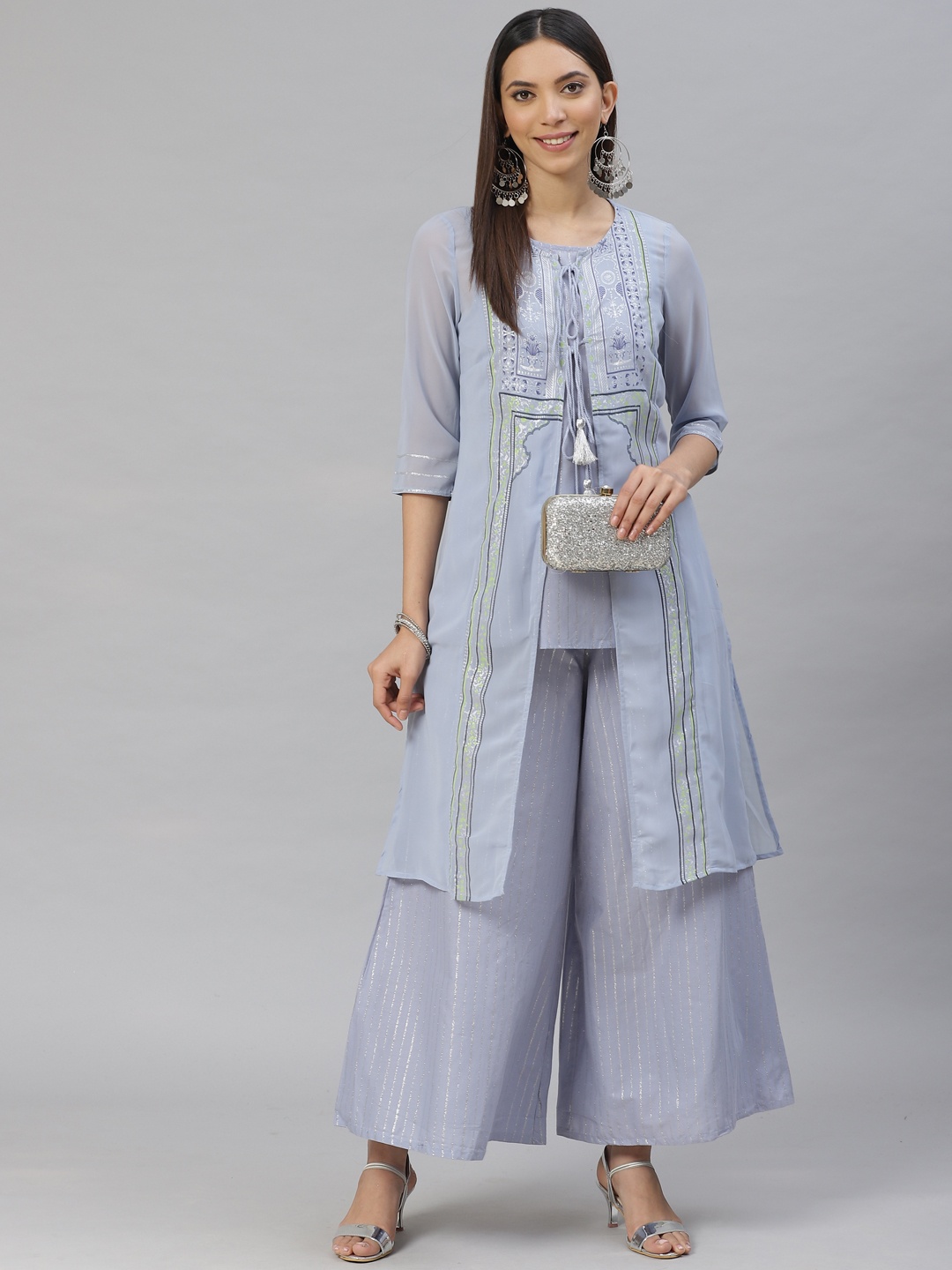 

AURELIA Women Blue & Silver Printed Tunic with Palazzos & Ethnic Jacket