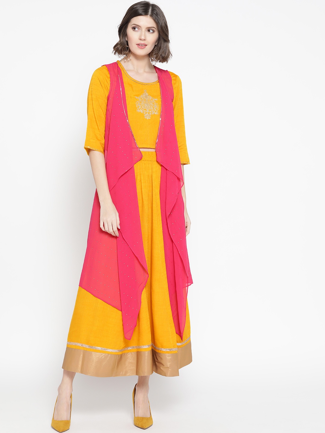 

AURELIA Women Mustard Yellow Solid Top with Skirt & Ethnic Jacket