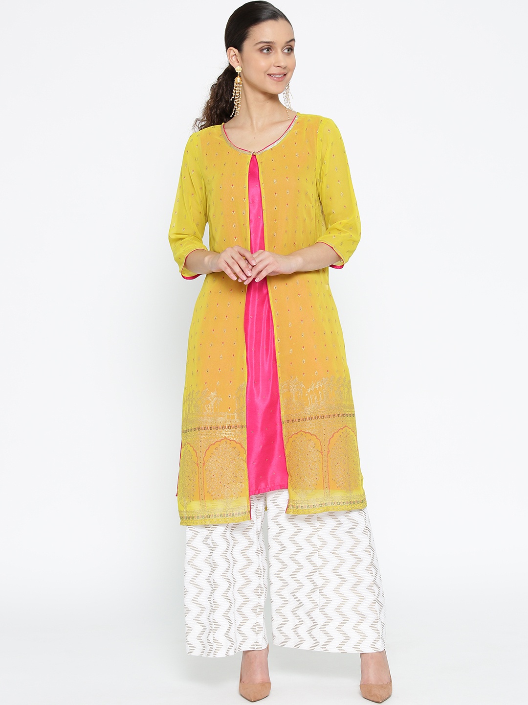 

AURELIA Women Mustard Yellow & Pink Printed Layered A-Line Kurta