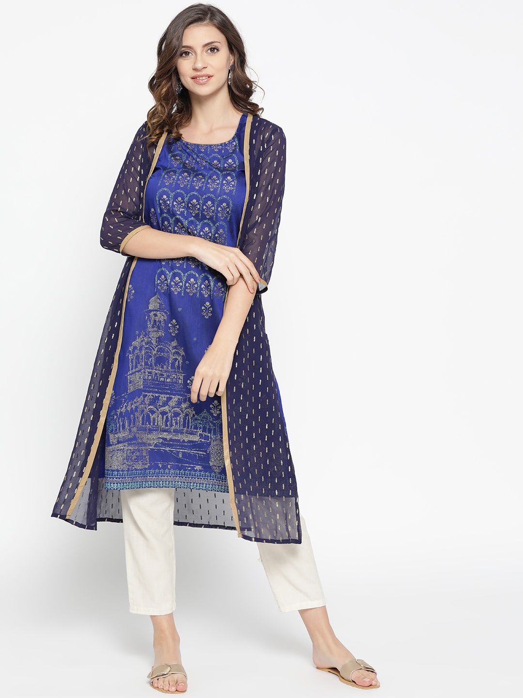

AURELIA Women Blue & Golden Printed A-Line Layered Kurta