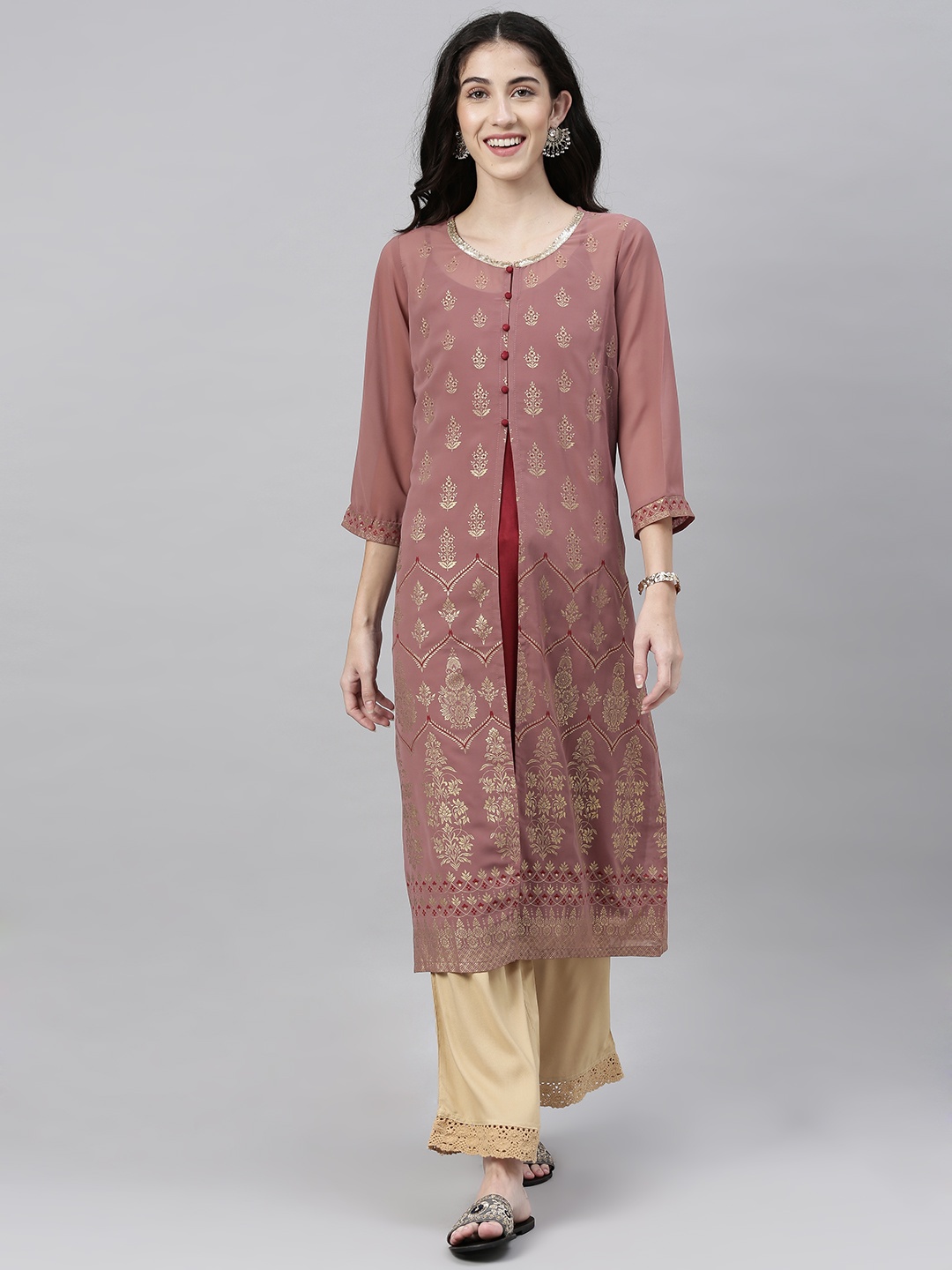 

AURELIA Women Maroon & Mauve Foil Printed Straight Layered Kurta