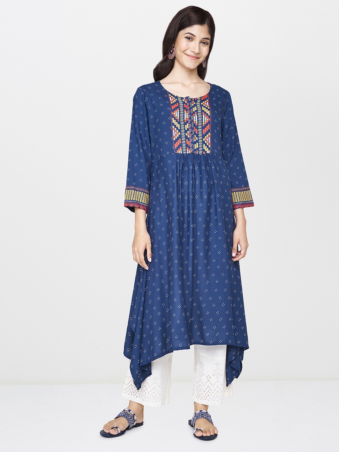 

Global Desi Women Blue Printed Asymmetric Kurta