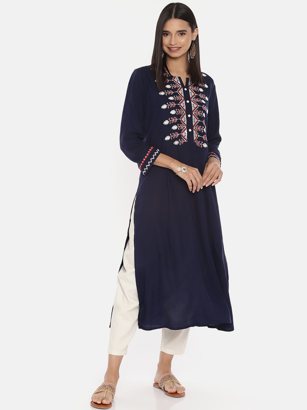 

Global Desi Women Navy Blue Yoke Design Straight Kurta