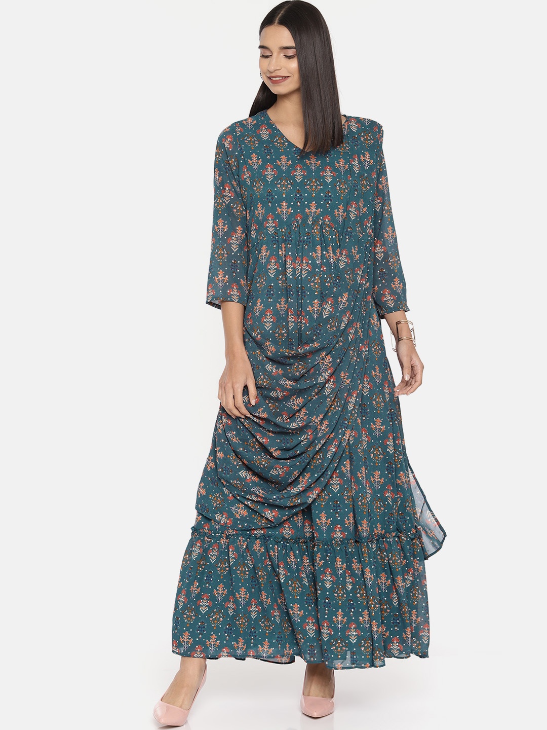 

Global Desi Women Teal Blue Printed Maxi Dress with Attached Pallu