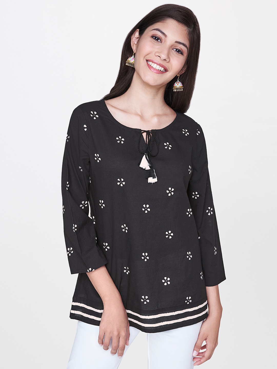 

Global Desi Women Black Floral Printed Pure Cotton Top