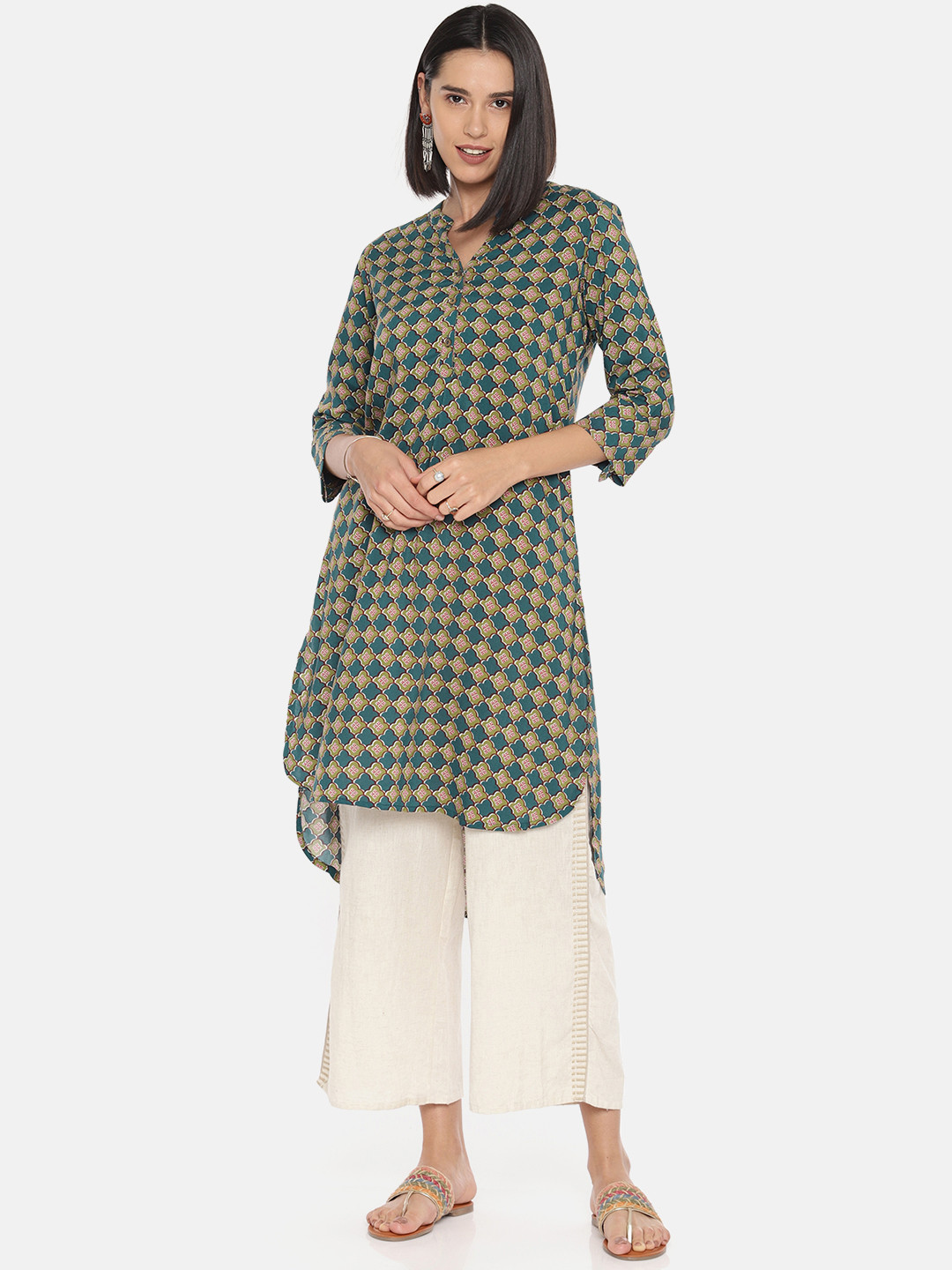 

Global Desi Women Teal Green & Red Printed High-Low Tunic