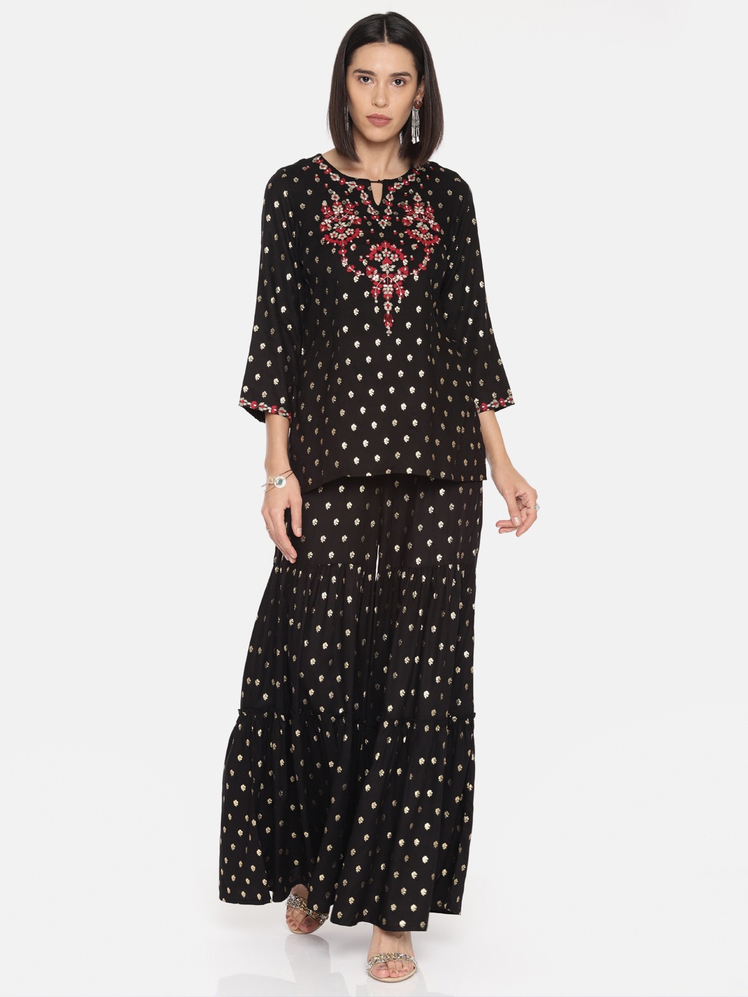 

Global Desi Women Black Printed Kurti with Sharara