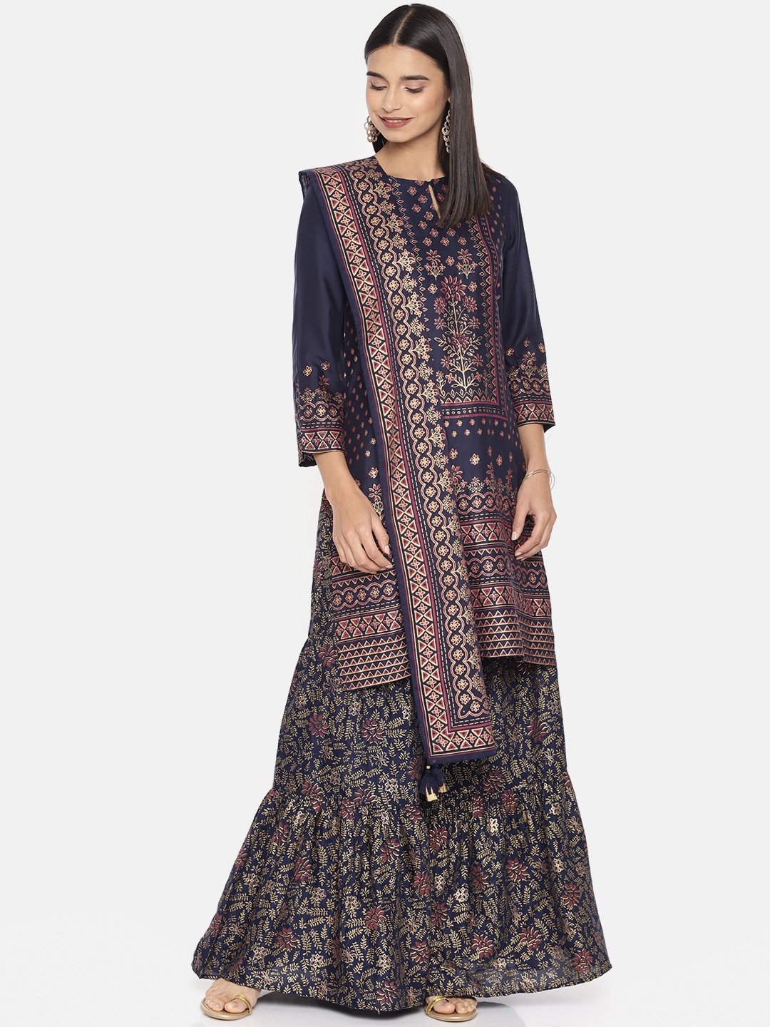 

Global Desi Women Navy Blue Printed Kurta with Sharara & Dupatta