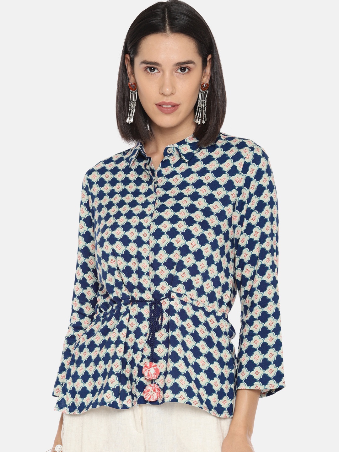 

Global Desi Women Navy Blue Printed Cinched Waist Top