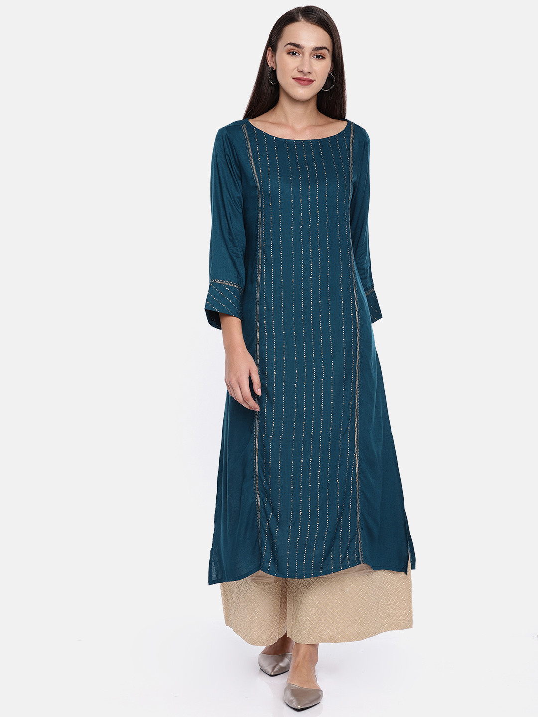 

Global Desi Women Teal Blue Printed Panelled Straight Kurta