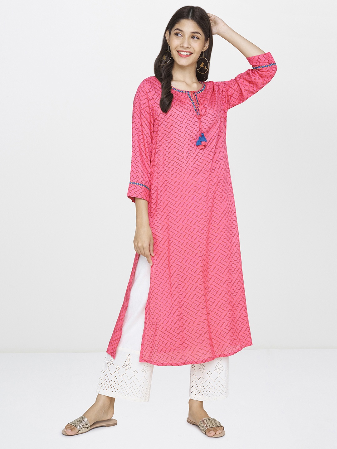 

Global Desi Women Pink Printed A-Line Kurta
