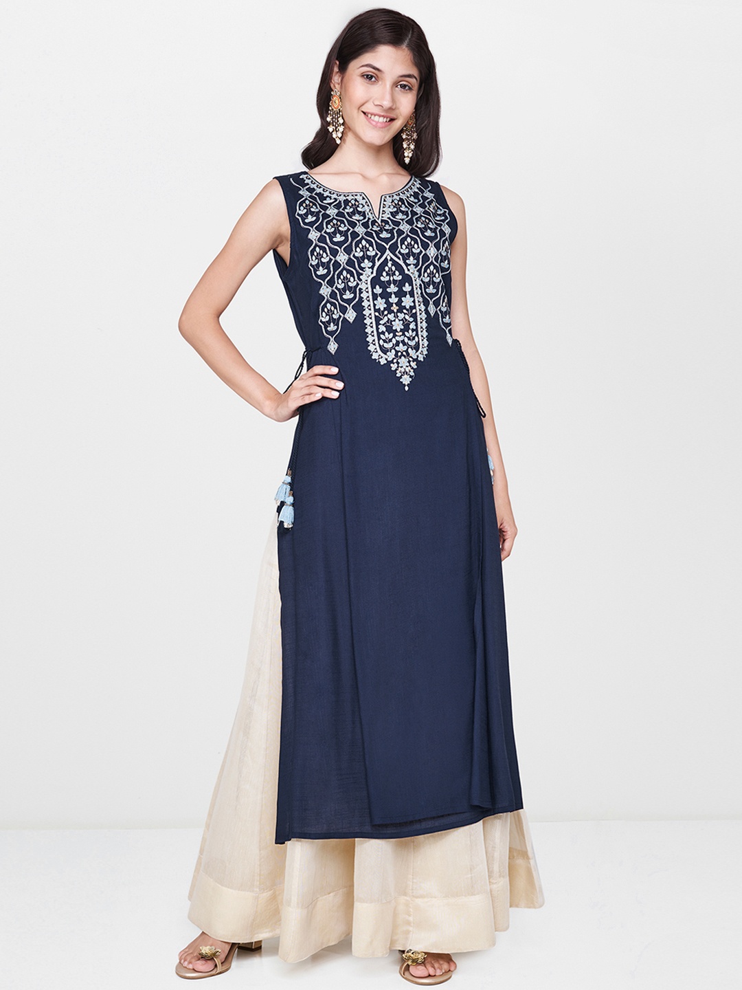 

Global Desi Women Blue Floral Embroidered A-Line Kurta