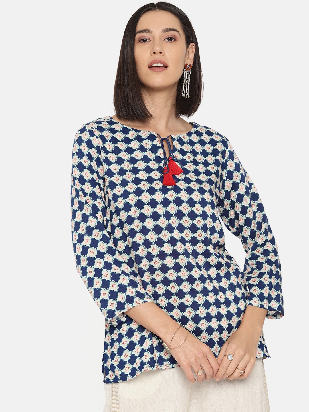 

Global Desi Women Navy Blue & Off-White Printed Top