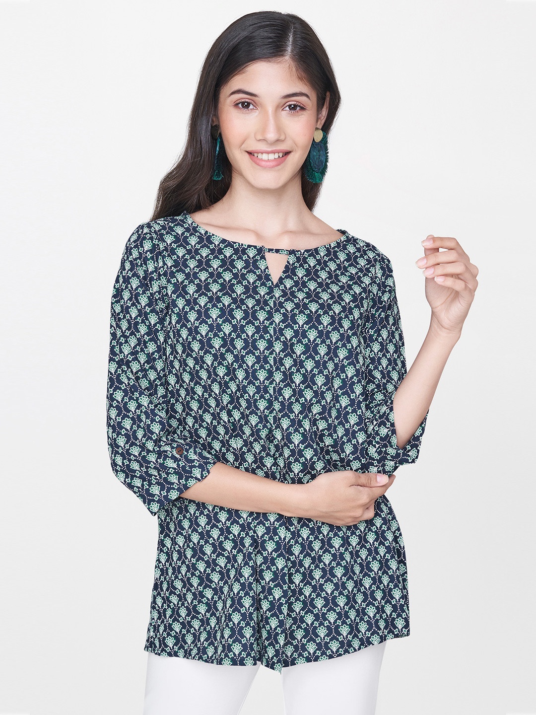 

Global Desi Women Blue Block Print A-Line Top