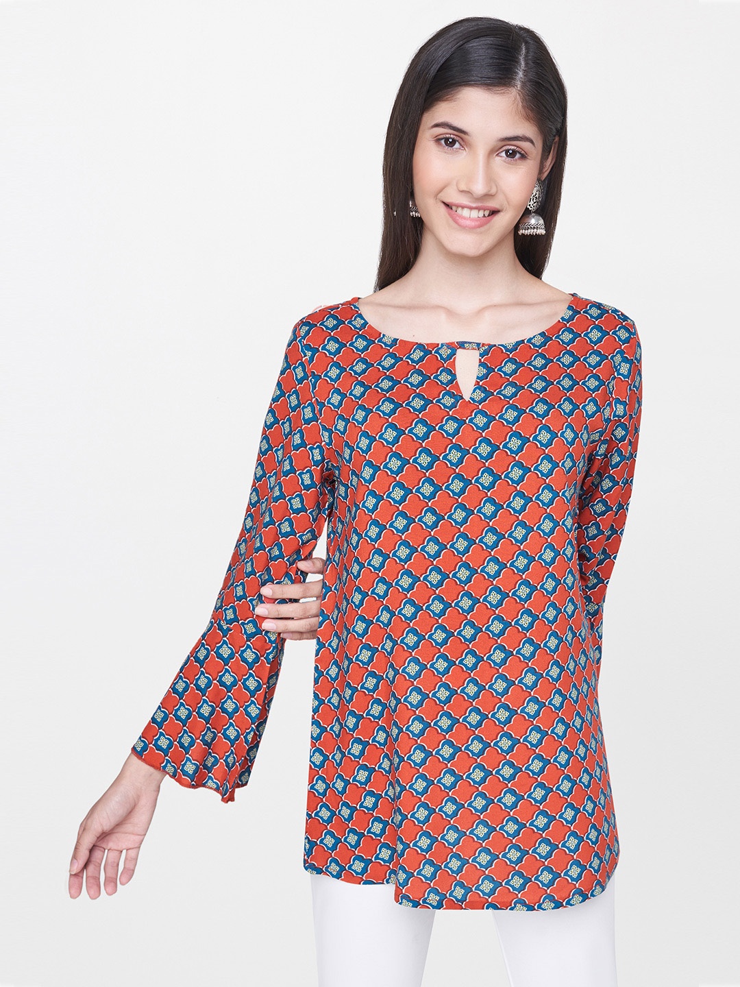 

Global Desi Women Rust Orange & Blue Printed Top