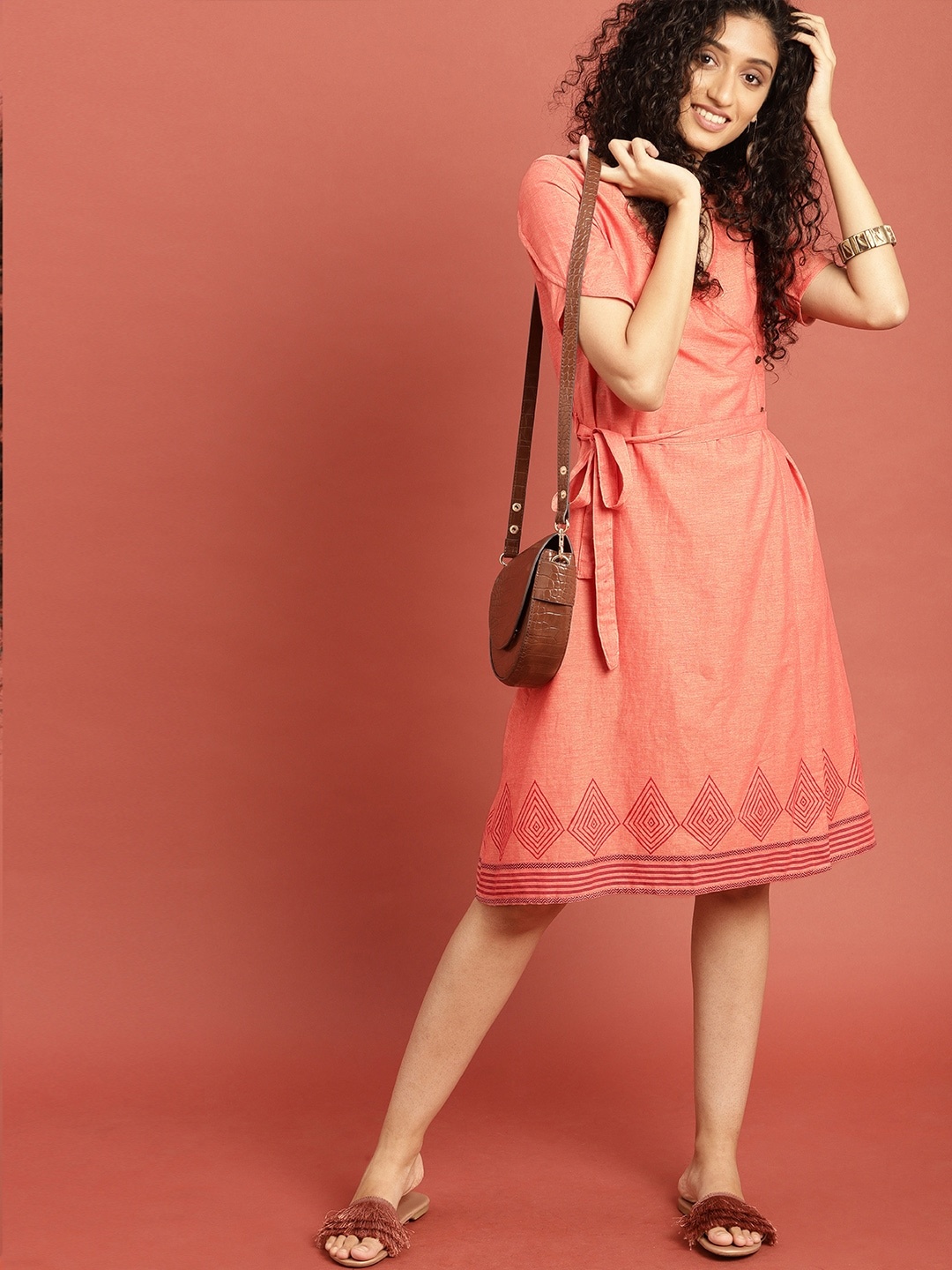 

Taavi Orange Hand Block Print Legacy Angrakha Pure Cotton Dress with Tie-Up