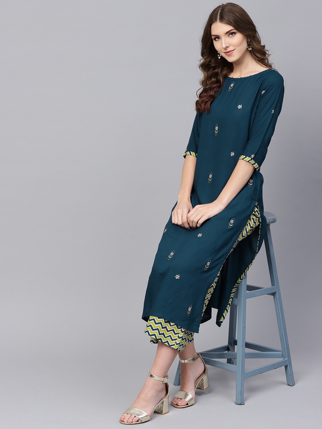 

Indo Era Women Teal Blue & Green Embroidered Kurta with Palazzos