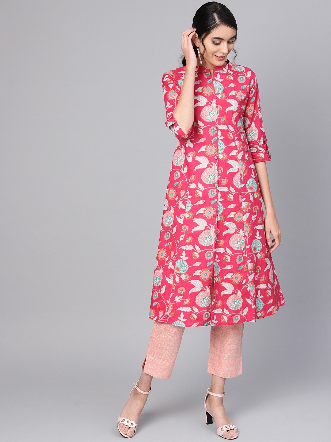 

Indo Era Women Pink & White Floral Printed Panelled A-Line Kurta