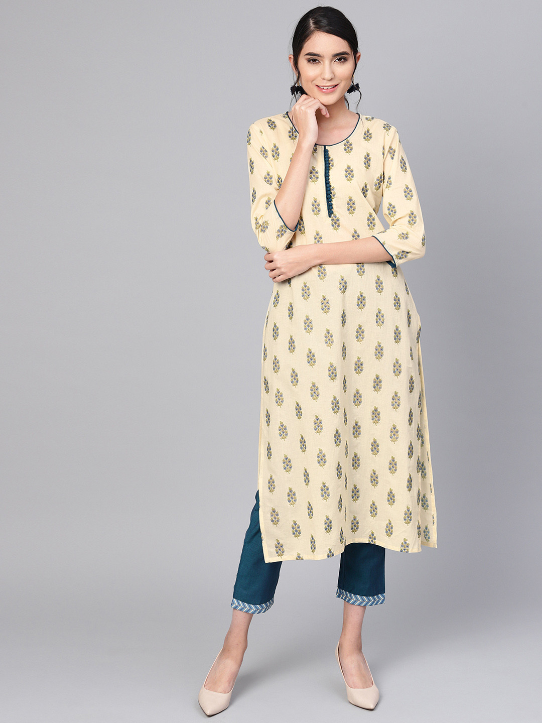 

Indo Era Women Cream-Coloured Printed Straight Kurta