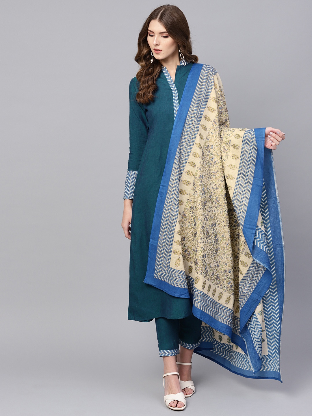 

Indo Era Women Teal Blue & Beige Solid A-Line Kurta with Trousers & Dupatta