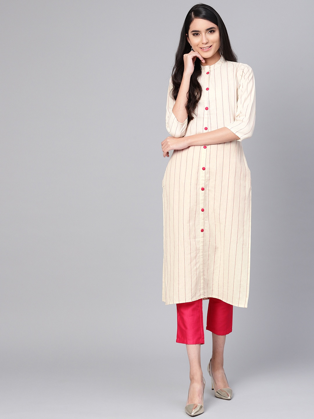 

Indo Era Women Off-White & Maroon Striped Straight Kurta