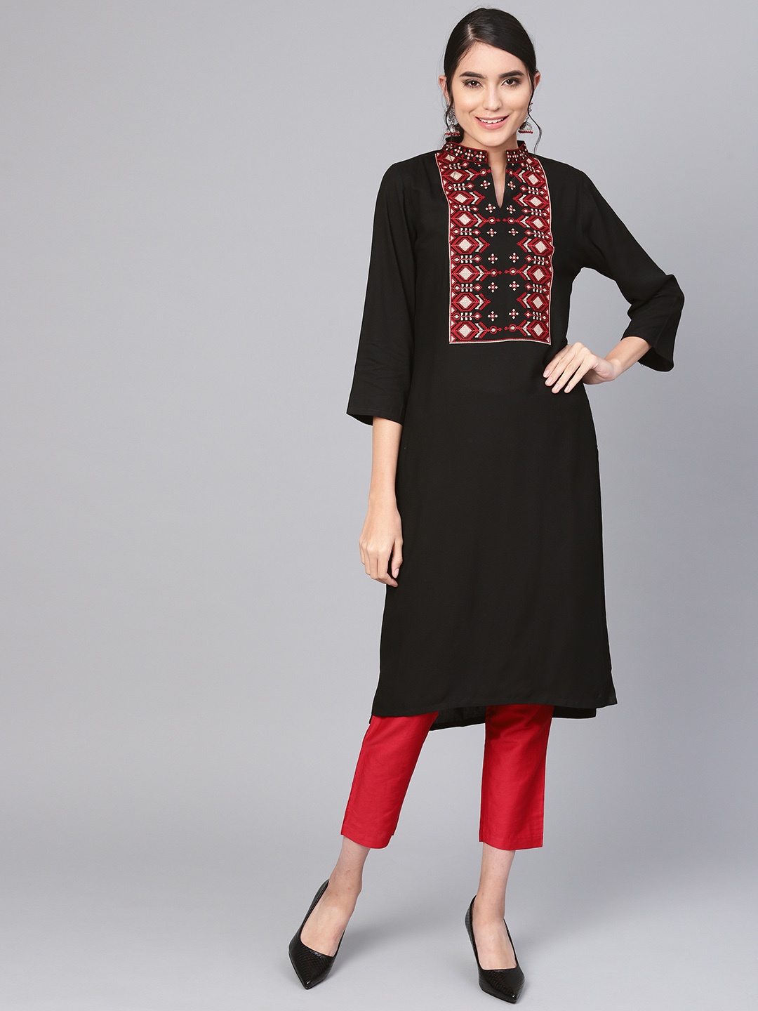 

Indo Era Women Black Yoke Design Straight Kurta