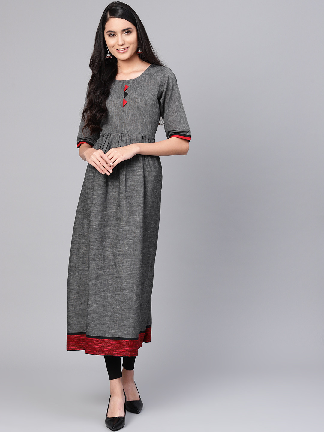 

Indo Era Women Charcoal Grey Solid A-Line Kurta
