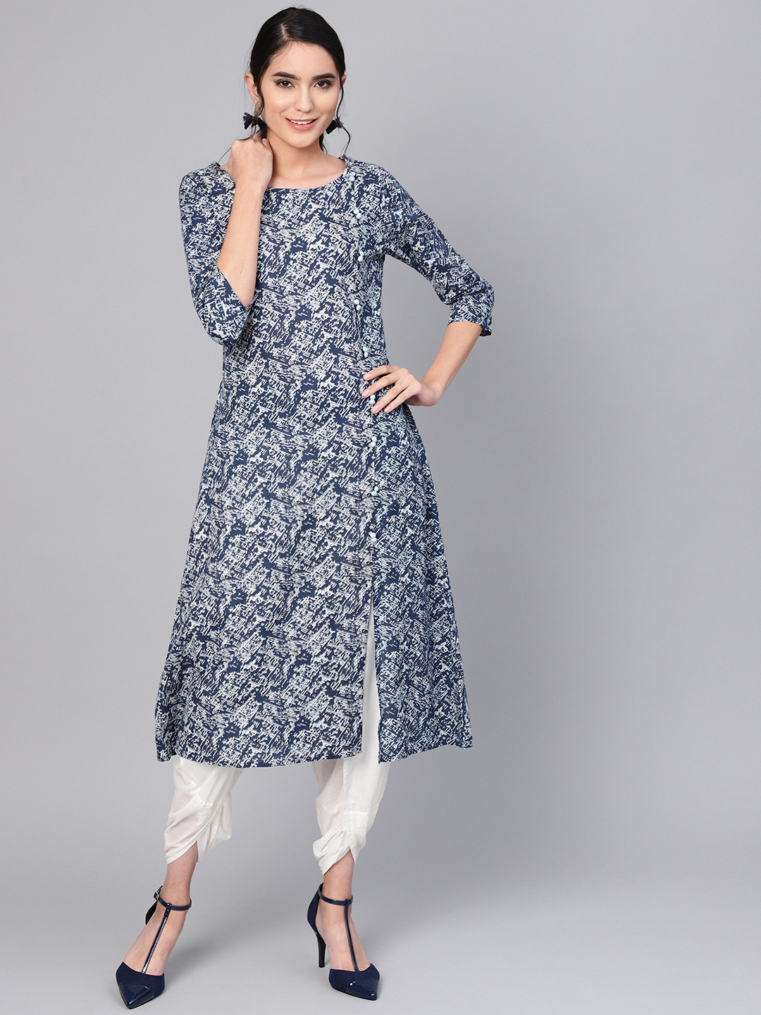 

Indo Era Women Blue Printed Panelled A-Line Kurta