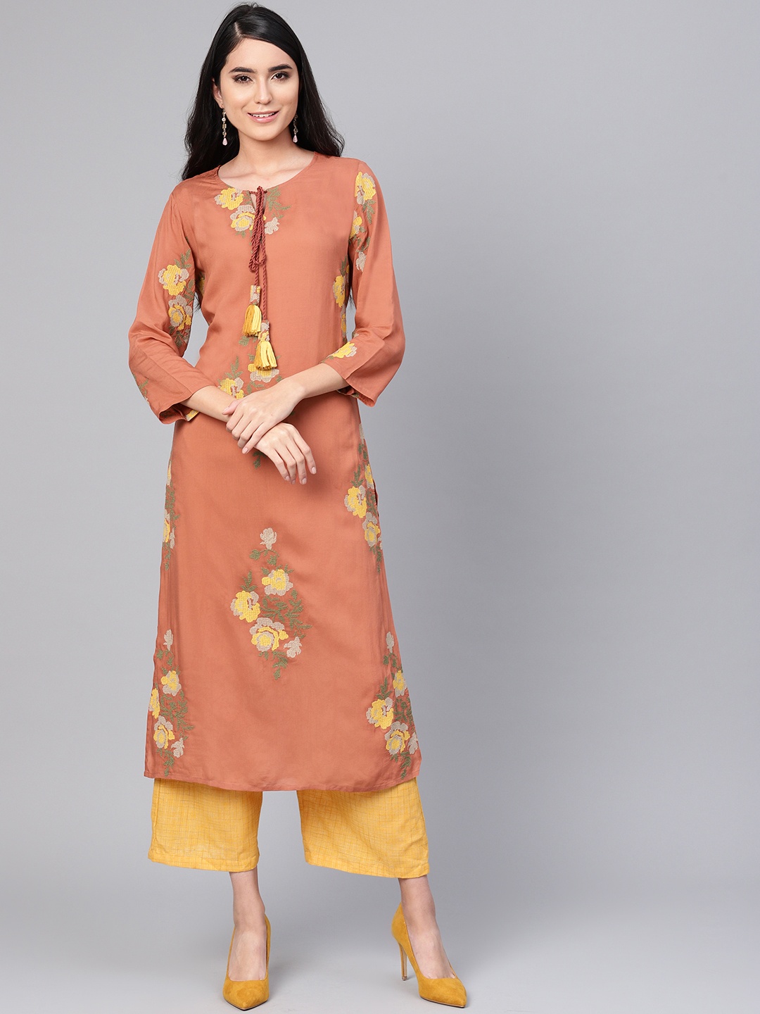 

Indo Era Women Rust Orange & Yellow Floral Embroidered Straight Kurta