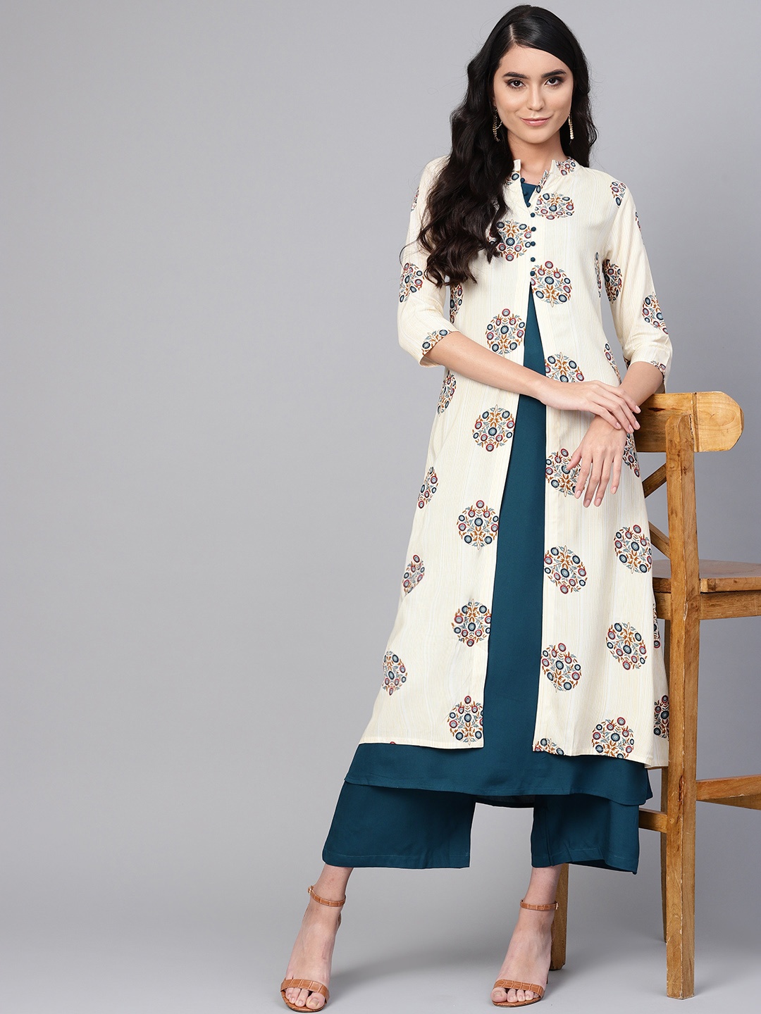 

Indo Era Women Teal Blue & Cream-Coloured Layered A-Line Kurta