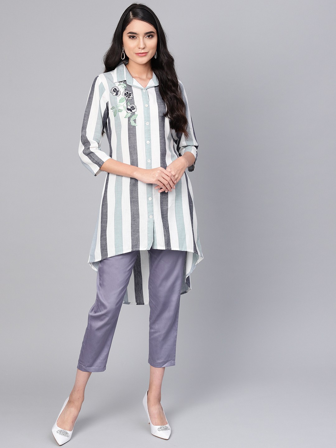 

Indo Era Women Grey & White Striped with Floral Embroidered Detail High-Low Kurta
