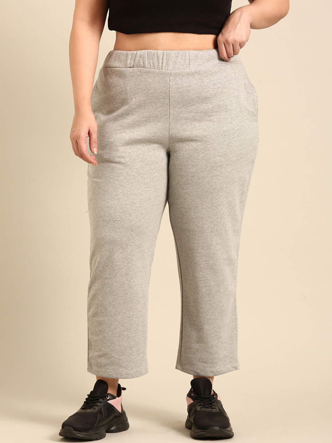 

The Pink Moon Plus Size Women Grey Melange Solid Track Pants