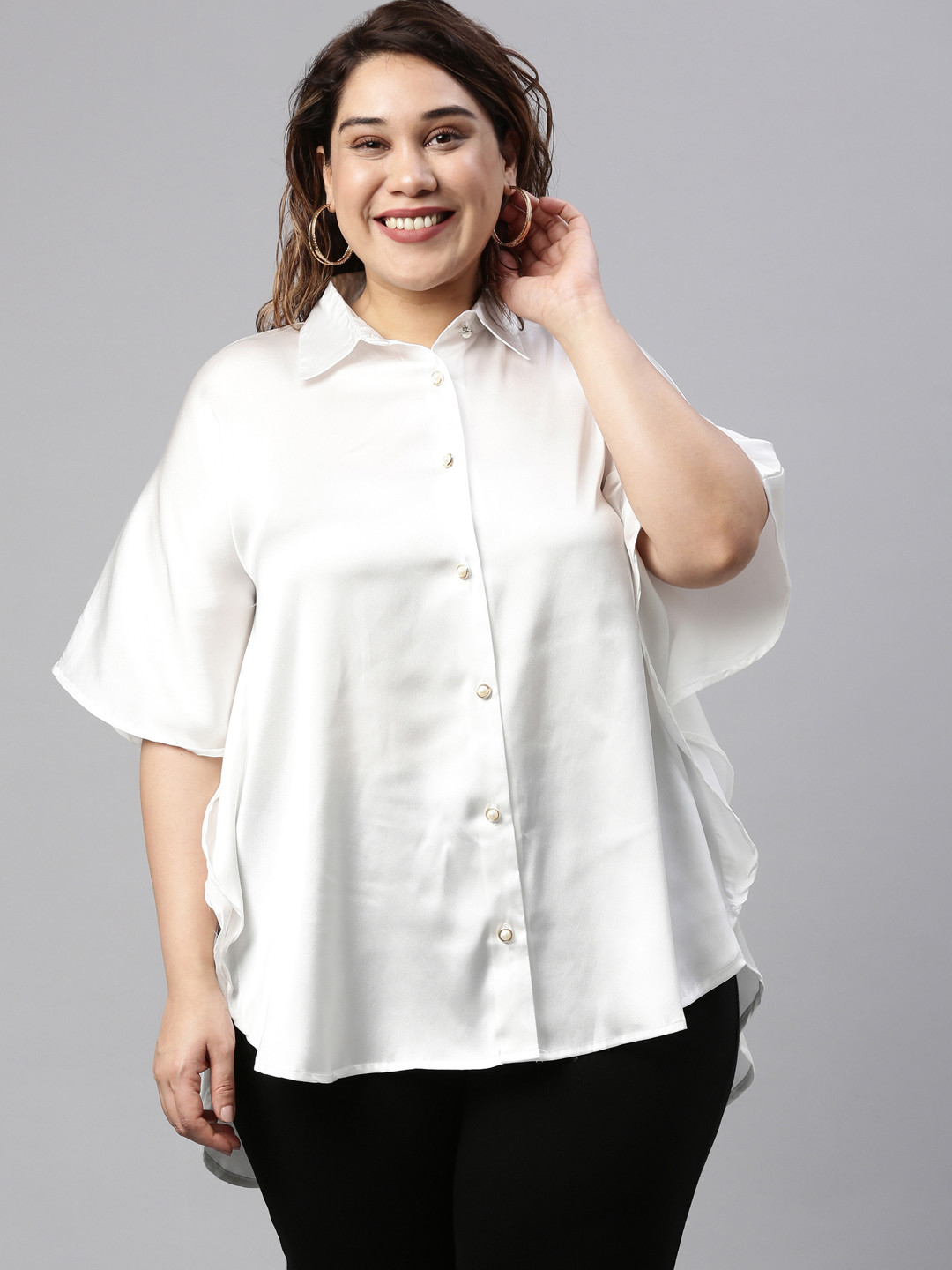 

The Pink Moon Plus Size Women White Regular Fit Satin Finish Solid Partywear Shirt